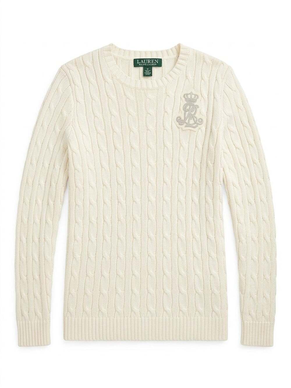 Lauren Ralph Lauren Ivory Crest Cable Knit Pullover Sweater Combed Cotton M - Picture 2 of 6